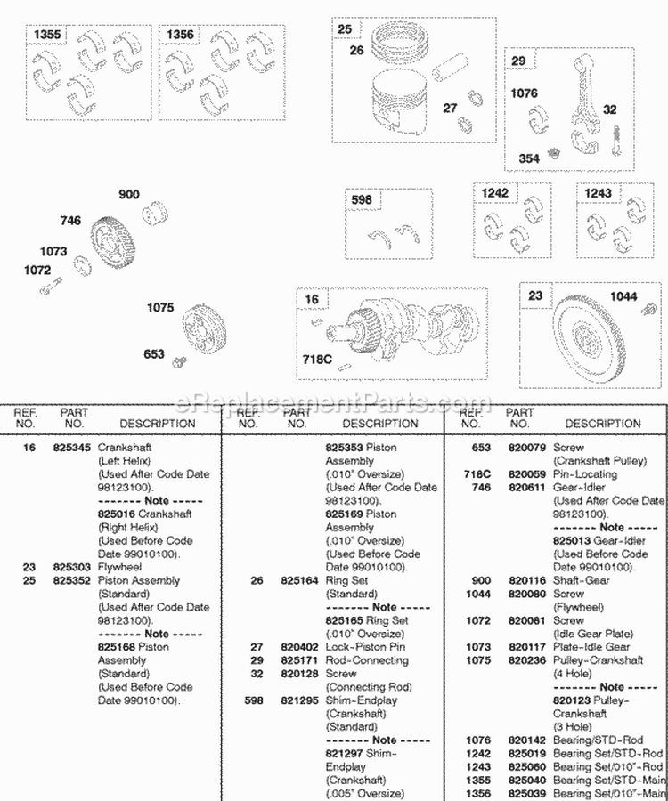 Piston Crankshaft Flywheel Diagram and Parts List for 432447-0105-E2  Briggs and Stratton Engine